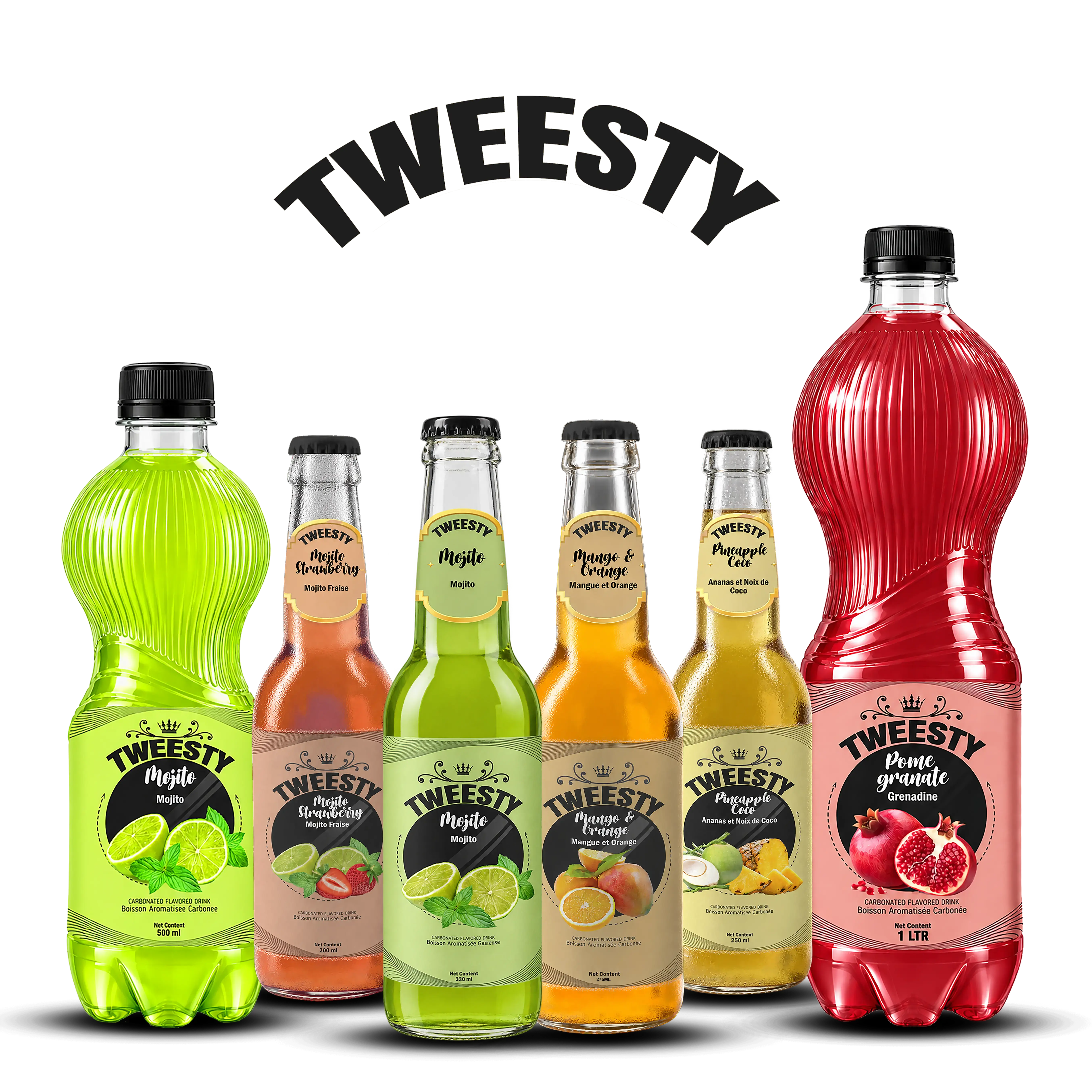 TWEESTY assorted carbonated flavoured drinks in multiple bottle sizes featuring Mojito, Mojito Strawberry, Mango Orange, Pineapple Coco and Pomegranate flavours